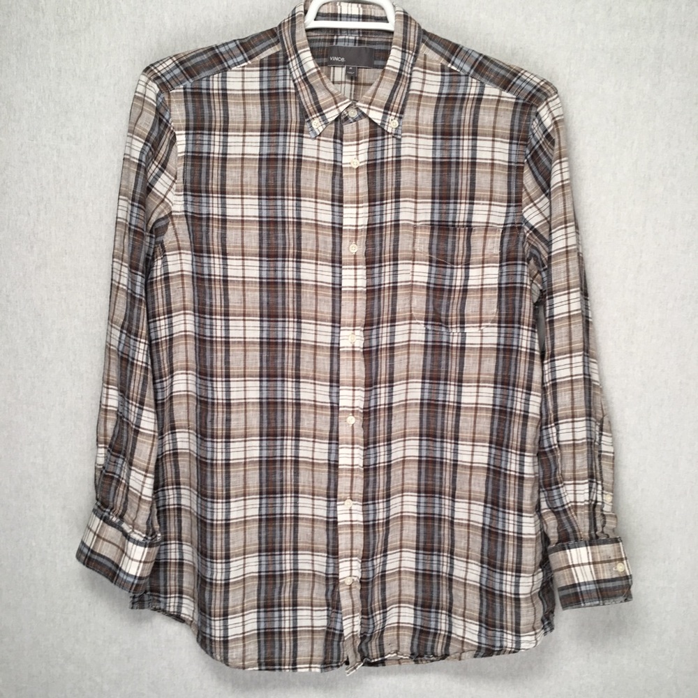 Vince linen mens long sleeve plaid button down casual shirt XL